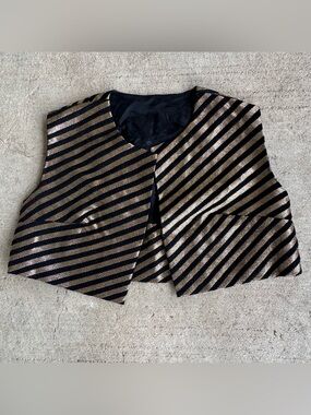 Black & Metallic Gold Striped Short Cropped Mini Vest Size Small